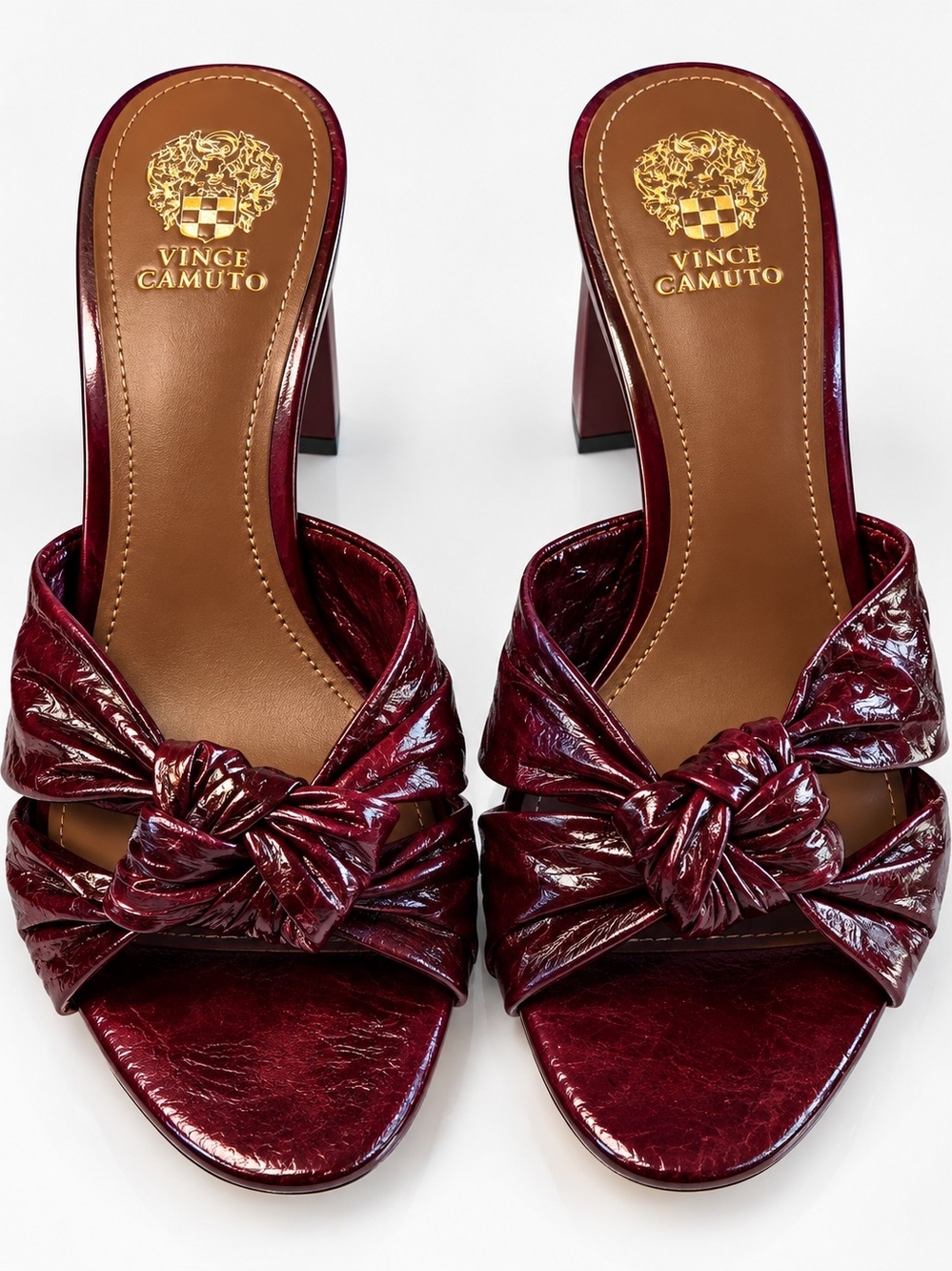 Vince Camuto Burgundy Knot-Front Patent Block Heel Sandals